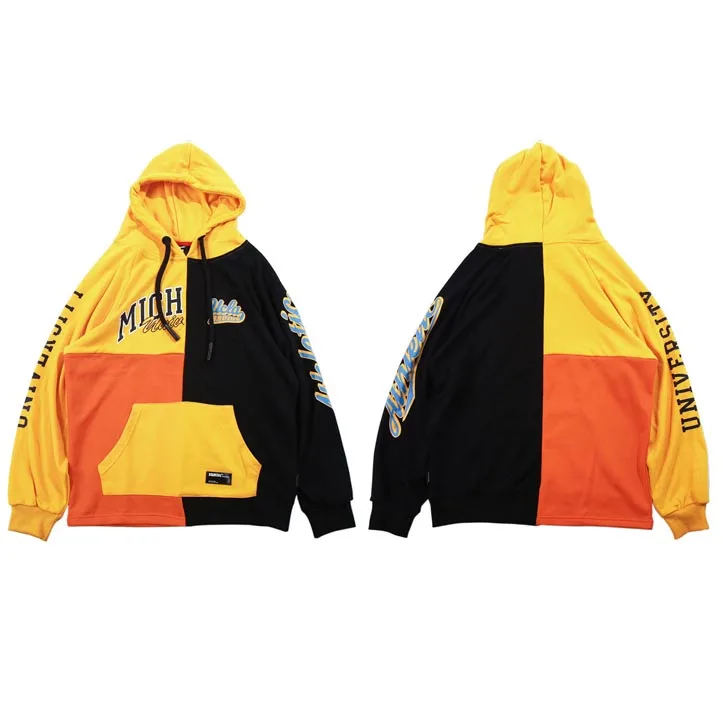 B52W316 Yellow Уличная хип хоп мужская Толстовка Harajuku ретро цветной блок худи в стиле пэчворк Пуловер Осень повседневные толстовки хлопок - Цвет: B52W316 Yellow