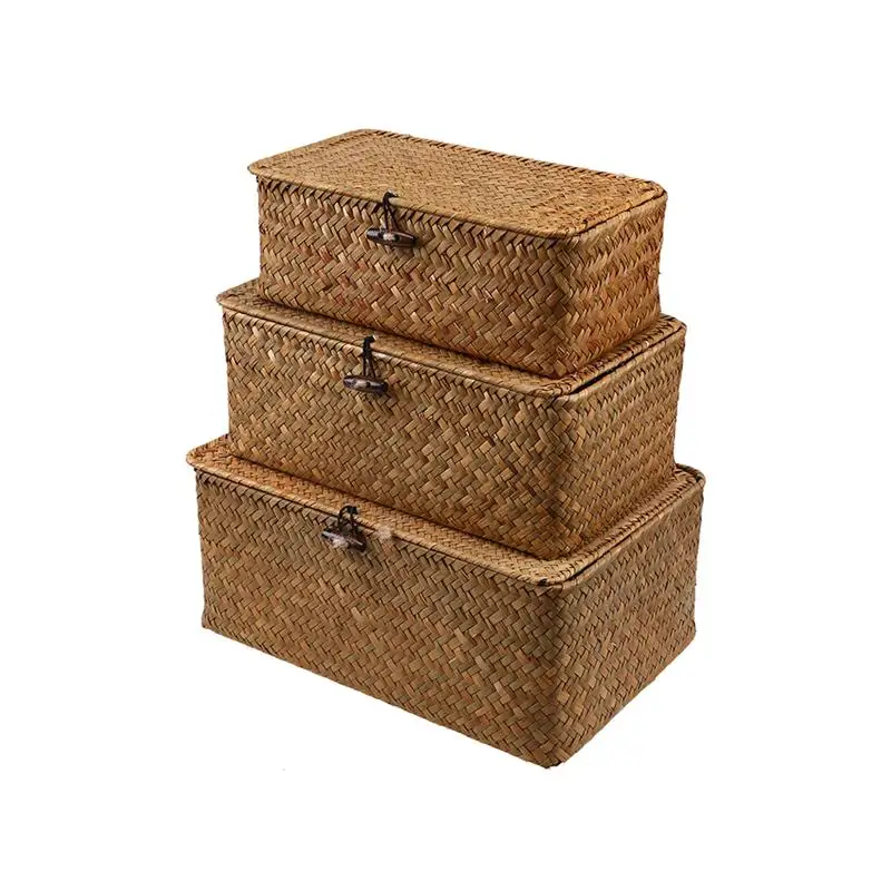 3pcs New Seaweed With Button Woven Basket Straw Debris Desktop Storage Box Hand-Woven | Дом и сад