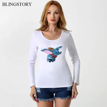 

BLINGSTORY Long Sleeve Shirt Women Cotton Plus Size Tshirt Autumn Tee Embroidery Sequin Animal Tops S-6XL