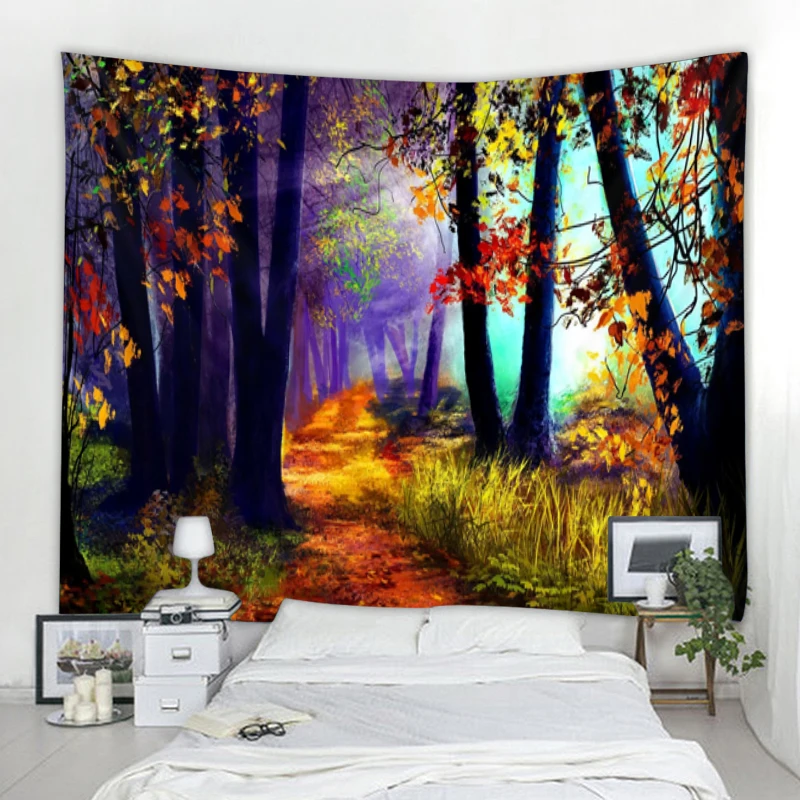 Nordic Nature Landscape Tapestry Sunshine Maple Forest Decoration Wall Tapestry Art Deco Blanket Curtain Hanging at Home Bedroom