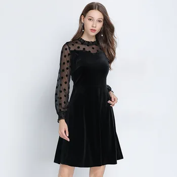

2019Autumn ladies Gold Velvet A-line dress beaded ruffled color mesh dot elegant dress Plus size vestidos jurken L-XXXXXL XXXXL