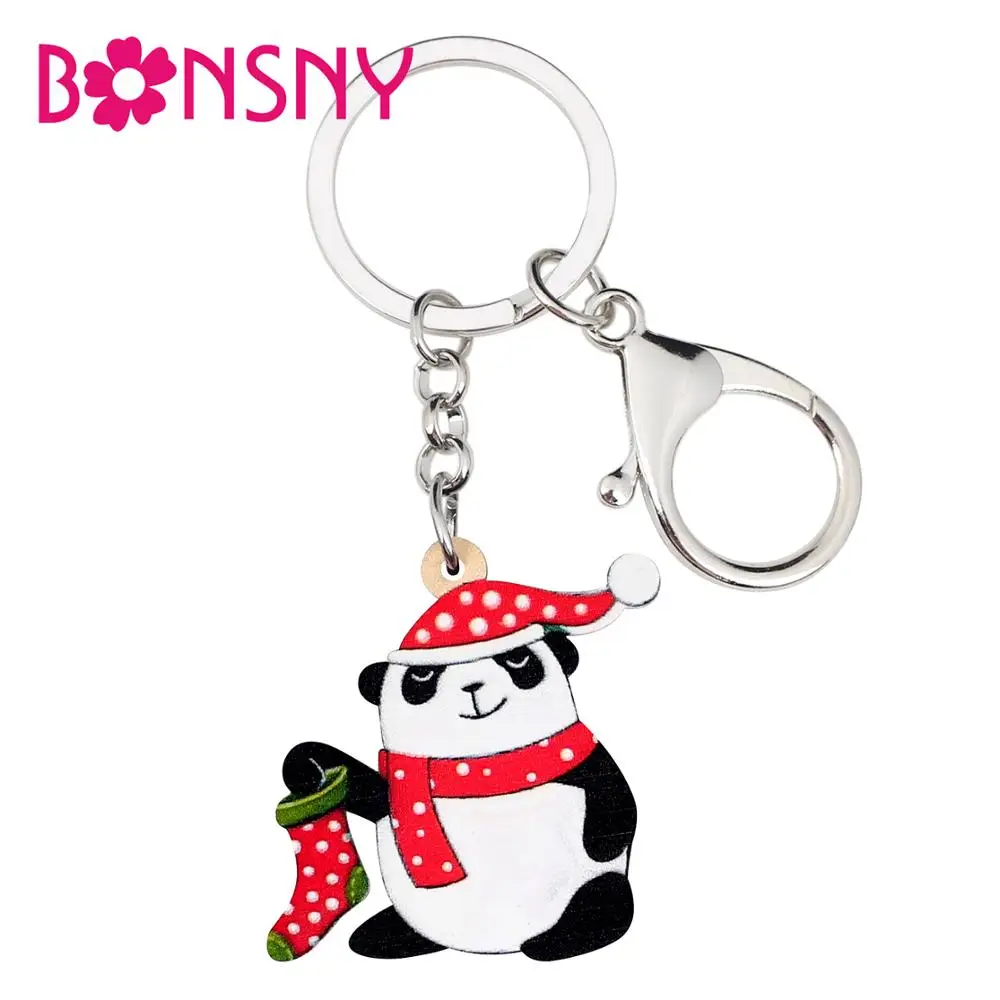 

Bonsny Acrylic Christmas Cute Panda Spotted Hat Sock Scarf Key Chains Key Rings Car Wallet Bag Keychain Charms Gift For Girl Men
