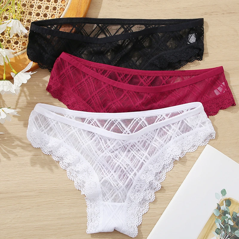3PCS/Set  Sexy Underwear Women Floral Lace Panties Low Waist Female Underpants Hollow Out Lace Briefs Transparent Pantys M-2XL