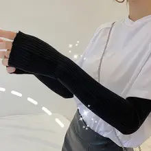 Женские зимние ребристые трикотажные длинные перчатки без пальцев выше локтя руки теплые Рукава C6UD