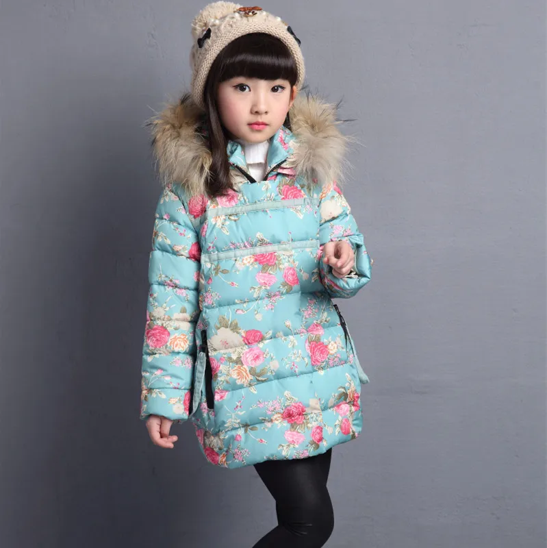 

Childrenswear 2018 Winter Style Girls Padded Cotton Clothes Korean-style Retro Floral Children Mid-length Thick Hooded Fur Colla