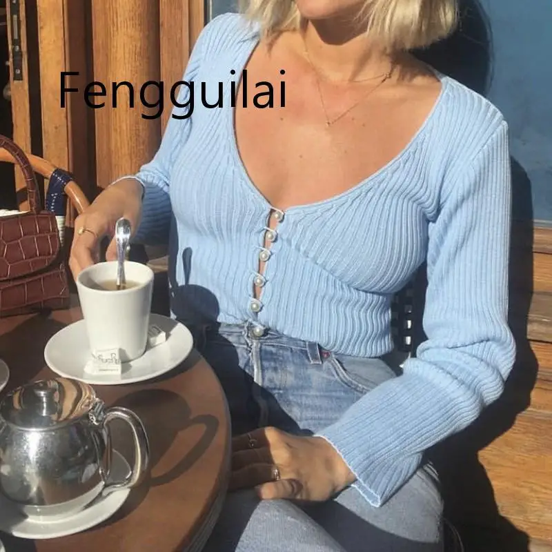 FENGGUILAI Fashion Autumn V-Neck Long Sleeve Pearl Knitted Sweater Women Sexy Vintage Solid Knitwear Sweater Slim Streetwear FENGGUILAI Fashion Autumn V-Neck Long Sleeve Pearl Knitted Sweater Women Sexy Vintage Solid Knitwear Sweater Slim Streetwear