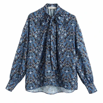 

new women vintage bow tied collar printing casual blouse long sleeve business smock shirt leisure chemise blusas tops LS6392