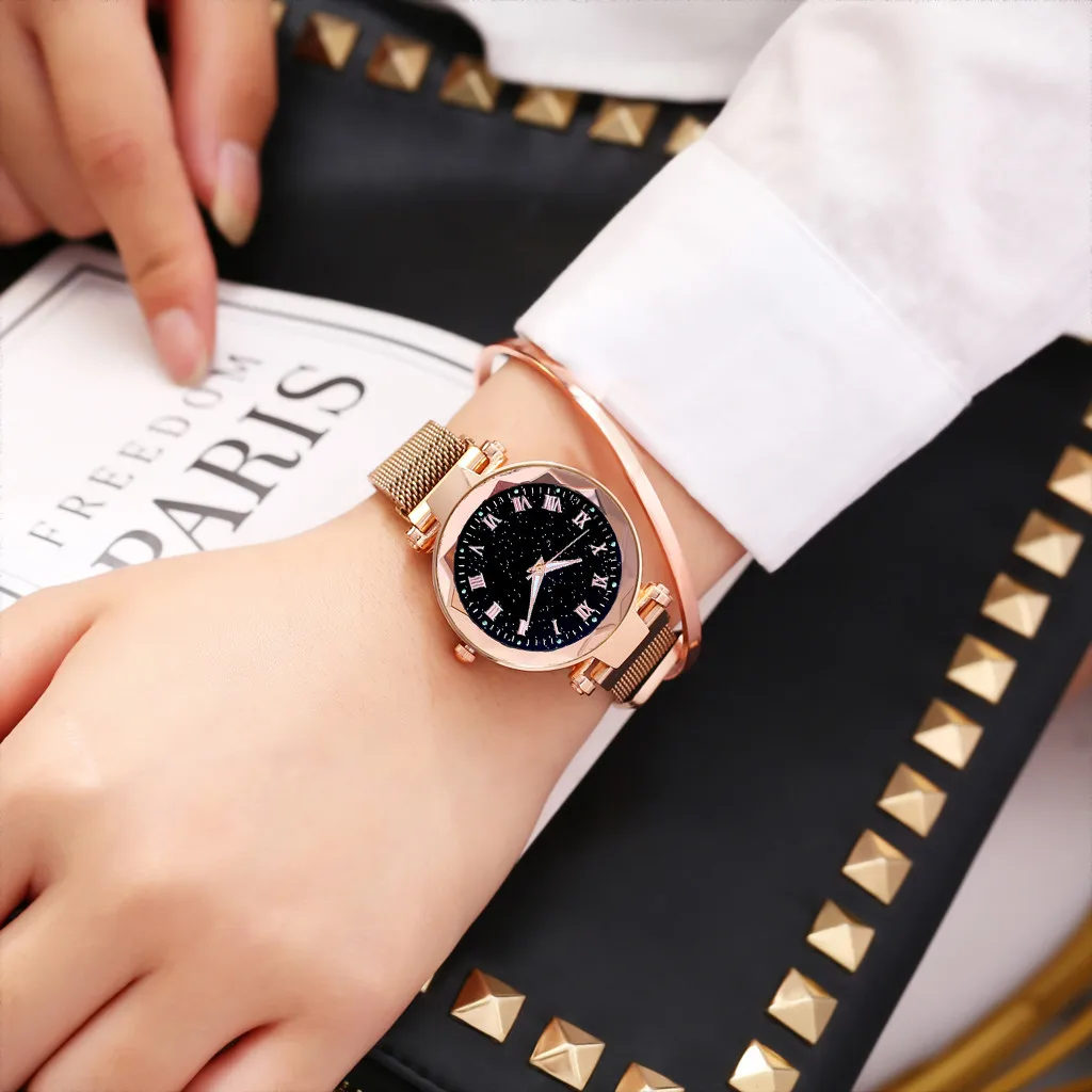 Luxury Women's Watches Dress Bracelet Watch Fashion Simple Starry Dial Stainless Steel Mesh Belt Ladies Quartz Wristwatch