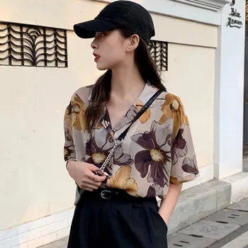 

Women's Retro Oil Painting Big flower Printed Short Sleeve Blouse Shirt