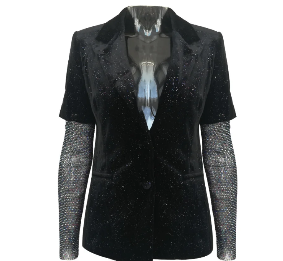 Bright fan velvet Mesh stitching sequins stage costumes Mesh long sleeve Black small suit jacket Temperament Suit Top Women
