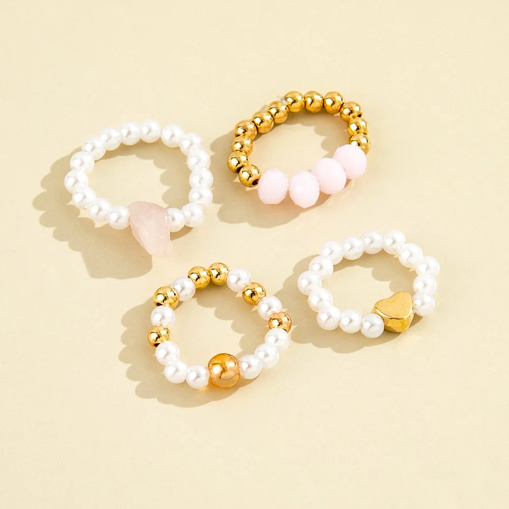4 Pcs/Set Korean Mixed Handmade Pearl Stone Acrylic Small Round Bead Heart Ring Women Classic Elegant Dating Jewelry ring set finger ring sparkling heart ring jewelry accessories