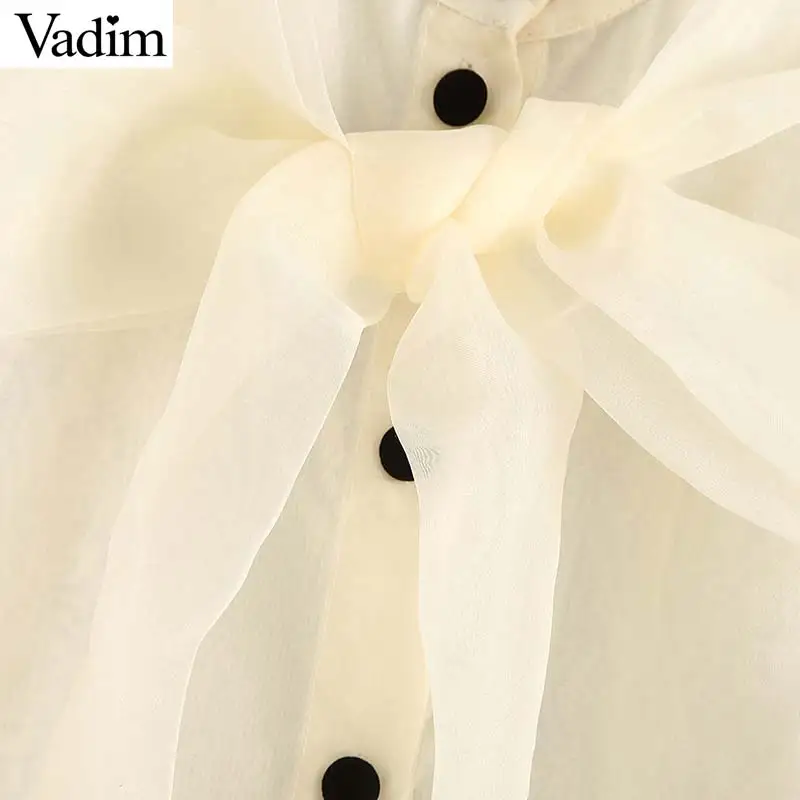 Vadim women elegant organze beige blouse transparent style bow tie collar lantern sleeve female see through tops blusas LB542