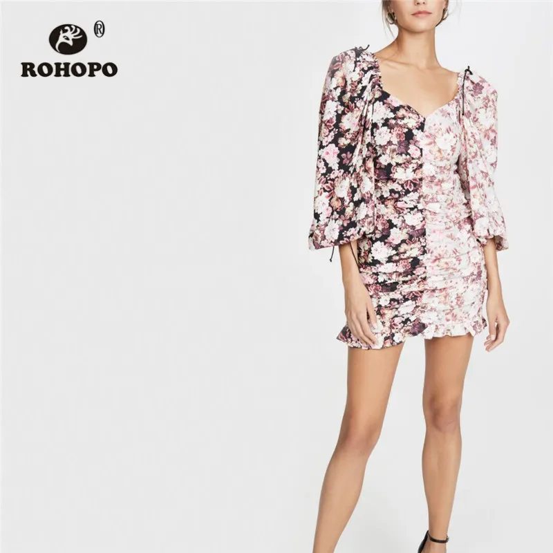 

ROHOPO Drawstring Cuff Contrast Floral Elegant Floral Draped Dress V Collar Ruffled Female Holiday Chiffon Vestido #9133