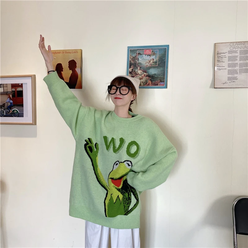 Женский свитер, Корейская зимняя одежда, Свободный пуловер с рисунком лягушки, вязаный свитер с длинным рукавом, Женский Осенний уличный свитер, Новинка