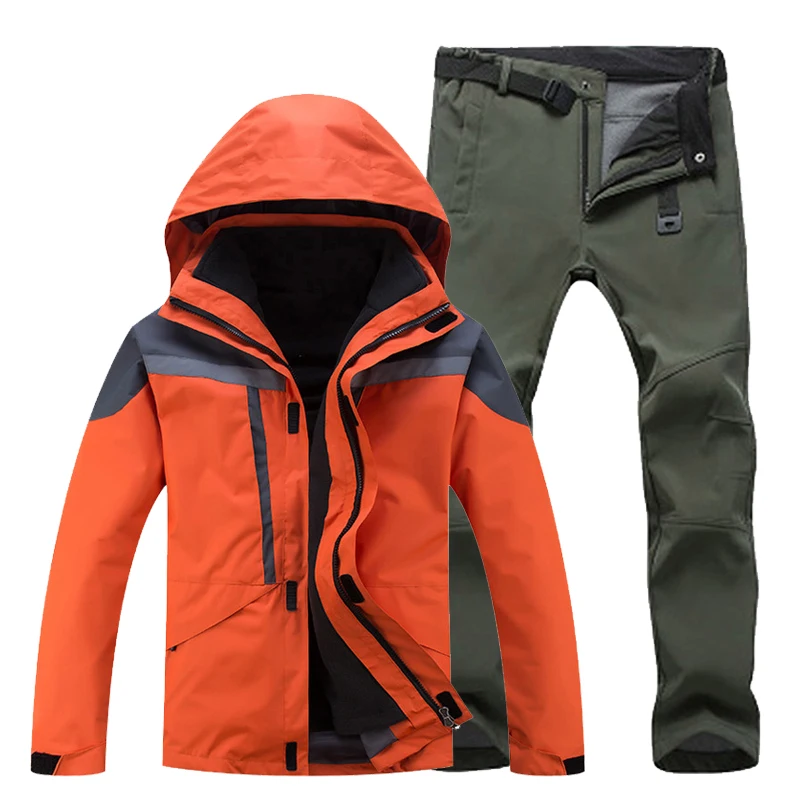 TRVLWEGO уплотненный теплый лыжный костюм для мужчин, водонепроницаемая ветрозащитная лыжная куртка, брюки, комплекты для улицы, для снега, кемпинга, походов, куртка, набор - Цвет: orange army green