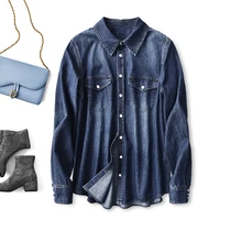 

SHUCHAN 2022 Spring Womens Shirts Denim 71.4% Cotton Long Sleeve Blouse Pockets Casual Turn-down Collar Solid Button Up