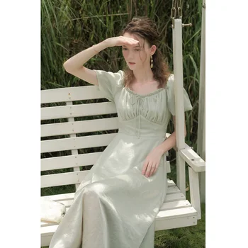 

Retro Palace Puff Sleeve Slim Waist Dress for Women 2020 New Spring Summer Solid Color O Neck Long Sleeve Ultra Long Dress