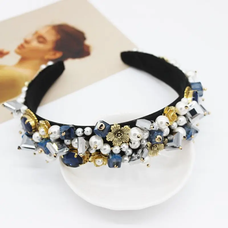 

Handmade Colored Geometric Faux Crystal Pearls Headband Women Banquet Prom Wide Hair Hoop Retro Baroque Palace Jewelry Headwear
