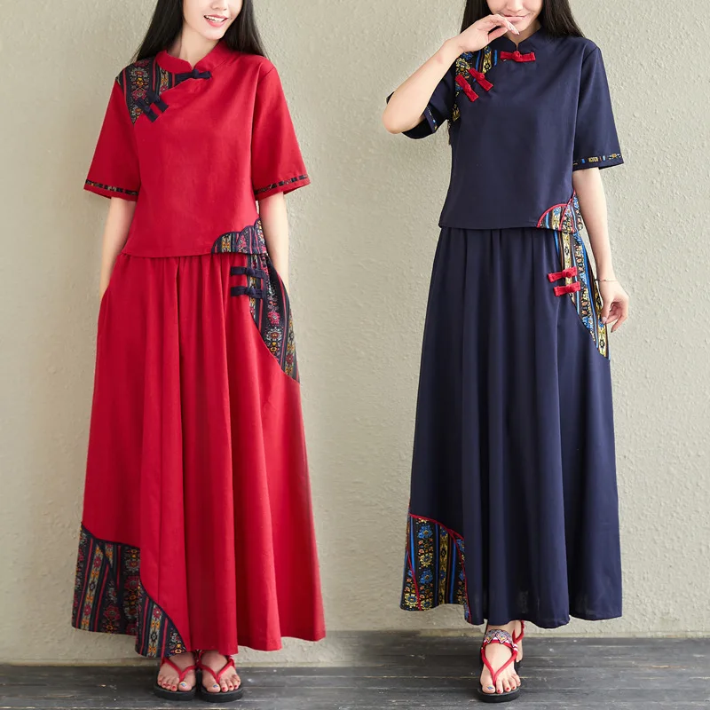 

2019 Autumn New Style Ethnic-Style Cotton Linen Two-Piece Set Joint Retro Slim Fit Skirt WOMEN'S Suit