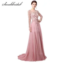 Сексуальные платья для выпускного вечера с длинным рукавом Дубай Rode De Soiree розовый прозрачный пояс с жемчугом блестками Формальное шифоновое вечернее платье LSX051