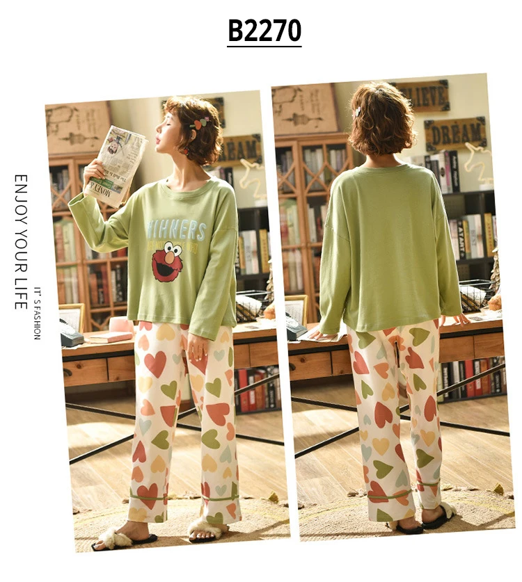 Пижама женская домашняя одежда Женские пижамные комплекты, Свободная Повседневная Домашняя одежда, хлопковые длинные брюки - Цвет: B2270