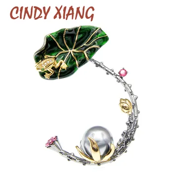 

CINDY XIANG Enamel Lotus Leaf Pearl Brooches For Women Elegant Copper Pin Rhinestone Frog Jewelry High Quality New Design 2020
