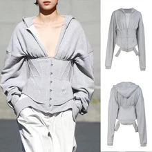 Sfit, Женская толстовка на молнии, Женская толстовка, тонкий серый корсет, модный спортивный тренировочный Хлопковый жакет, блуза с пряжкой, пуловер