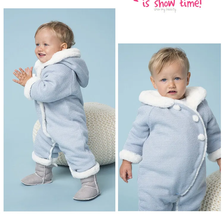 DB11464 Dave bella winter new born baby unisex solid hooded padded jumpsuits infant toddler clothes children romper 1 piece