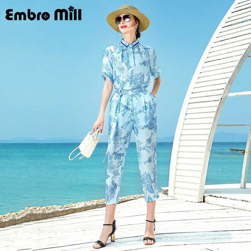 

Summer New Silk Two-Piece Set Short-Sleeved Printed Shirt Top + High Waist Printed Casual Pants Two-Piece Suit S-XL