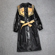 

Genuine Sheep Leather Long Jacket Chinese Style Printed Embossed Patent Leather Stitching Double-breasted Belt Trench Coat Women