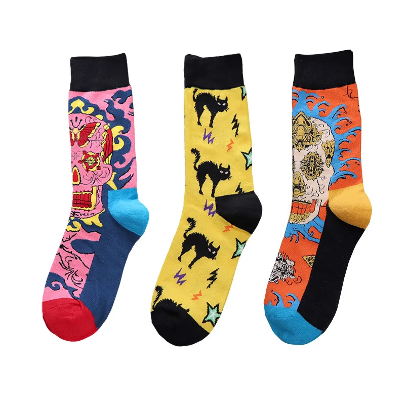 6 пар/лот, удобные носки для мальчиков в стиле хип-хоп, уличная одежда, носки для счастливых мужчин, стильные хлопковые носки унисекс с забавным рисунком «летучая мышь», «человеческие кости»