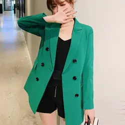 Женский шикарный зеленый Блейзер с карманами двубортный длинный рукав офисная одежда пальто однотонная женская Повседневная Верхняя