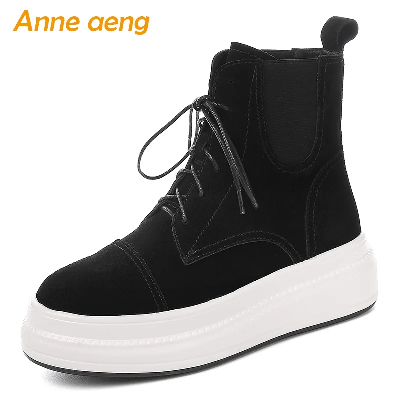

2019 New Winter Cow Suede Women Ankle Boots Middle Heel Round Toe Lace-Up Casual Women Platform Shoes Black Female Short Boots