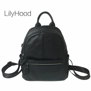 

Casual Cow Leather Black Daypack Women Teenager Fashion Quality Genuine Leather Flap No Fabric Book Backpack Back To School Bag