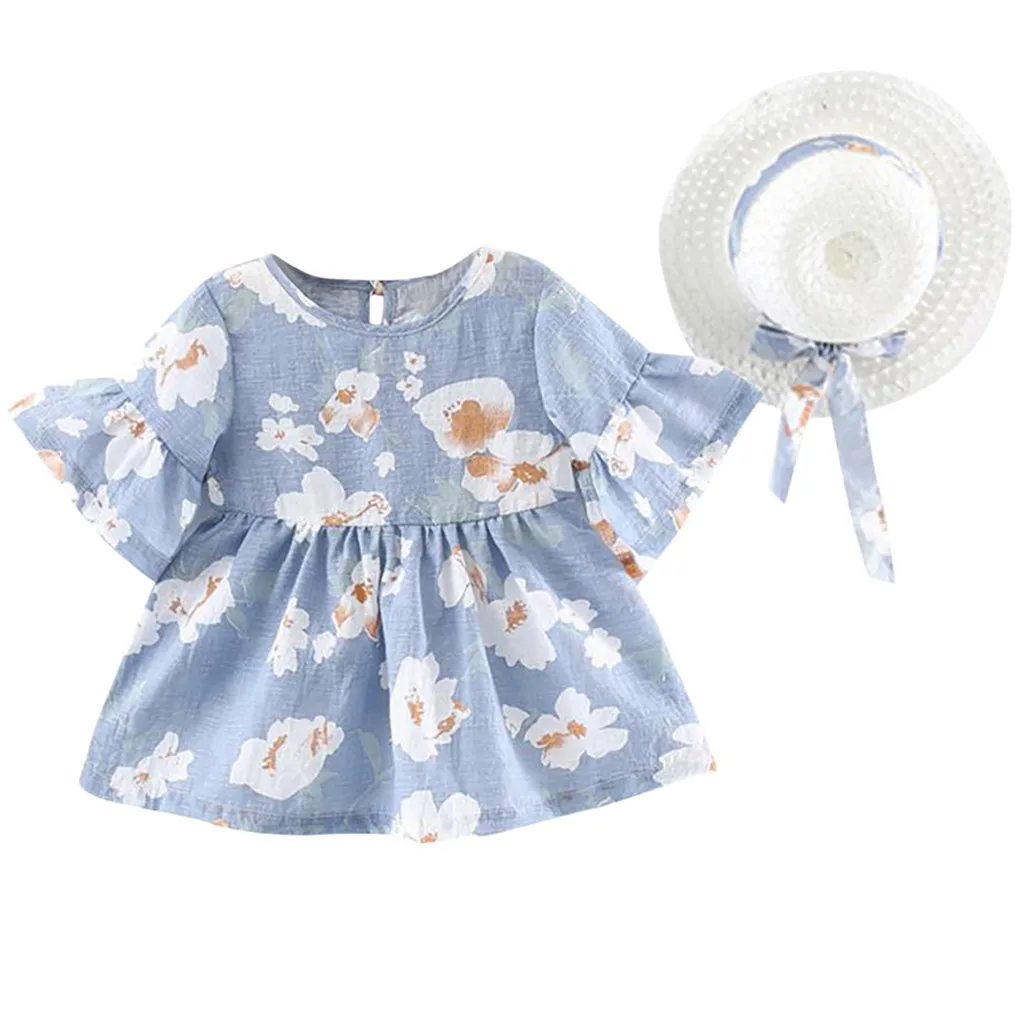 Infant Baby Girl Flare Sleeve Flower Floral Print Princess Dress+Hat Cap Outfits Cute Dresses Summer | Детская одежда и обувь