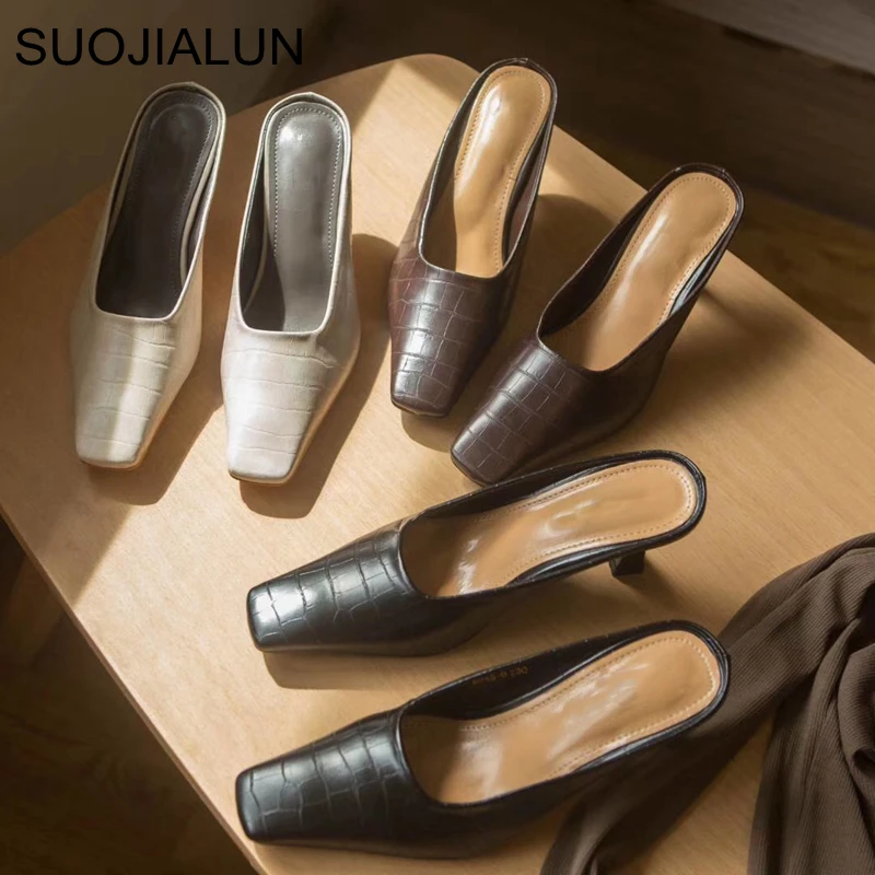 SUOJIALUN/женские шлепанцы на высоком каблуке; модный бренд; каменный узор; тапочки с квадратным носом; сандалии; женские слипоны; уличные тапочки шлепанцы
