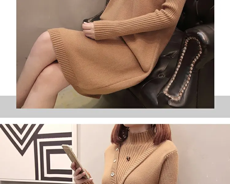 XL-XXXL размера плюс женское платье-свитер Зима мода Водолазка пуговицы с длинным рукавом Свободные повседневные теплые вязаные платья