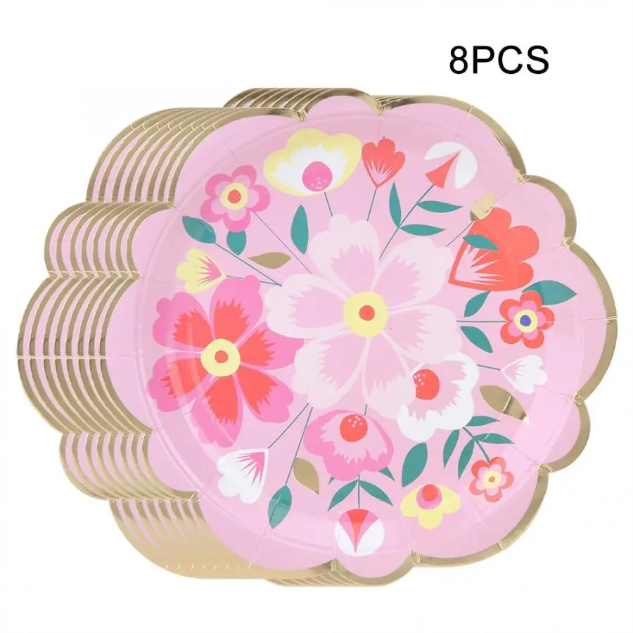 Одноразовые тарелки с цветочным узором, бытовые одноразовые бумажные тарелки, посуда для чая, вечерние принадлежности