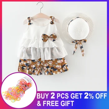 

Baby Girls Dresses 2020 Newborn Toddler Floral Clouds Summer Kids Princess Vest+Short+Hat Sundress Hat 2PCS Clothing Set Sunsuit