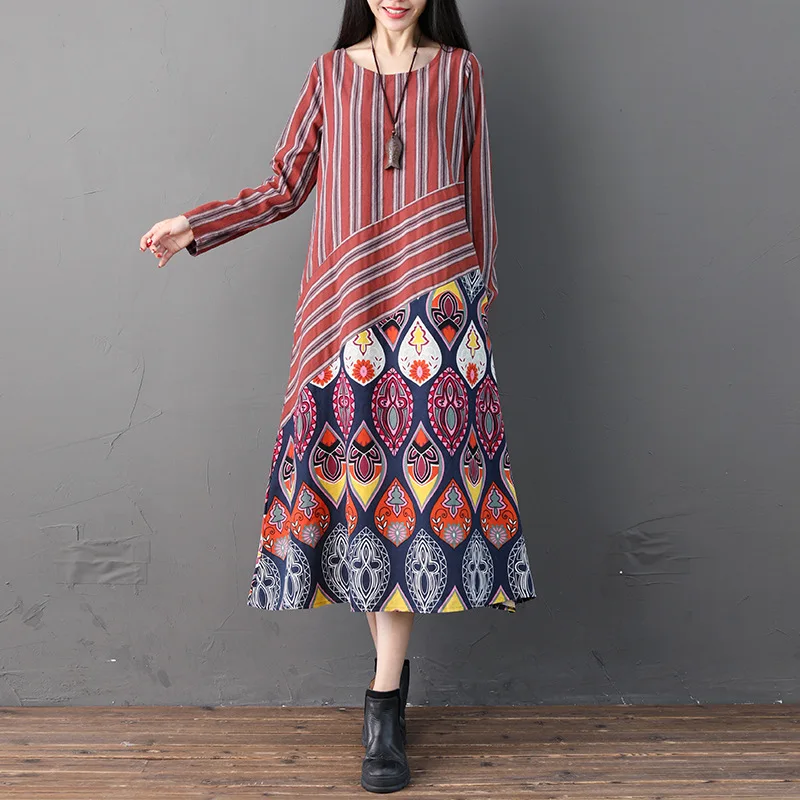 

2019 Photo Shoot Spring Stripes Joint Cotton Linen Printed Dress Women's Ethnic-Style Large Size Loose-Fit Flax Long-sleeved Dre