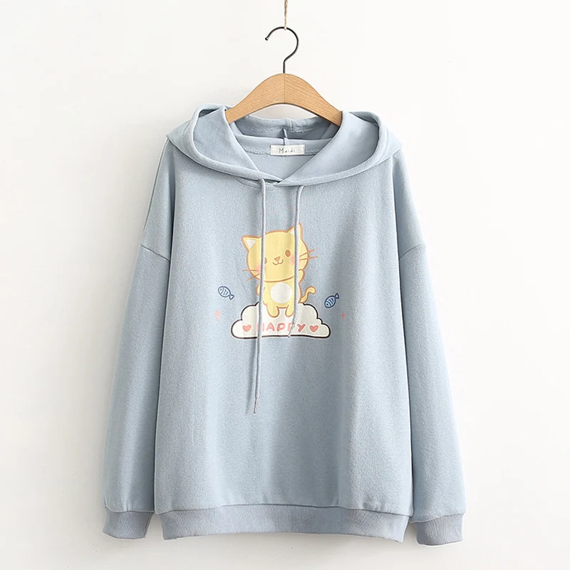 Autumn Kawaii Cat Graphic Hoodie Women White Cartoon Printed Hooded Sweatshirt Preppy Cute Long Sleeve Casual Blue Pullover