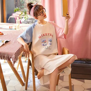 

Women's comfortable night skirt cartoon cute large size 100% cotton summer night skirt female O-neck night skirt casual home