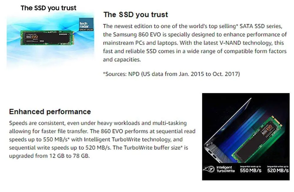 Samsung 860 EVO M.2 внутренний SSD 250 ГБ 500 1 ТБ SATA3 Интерфейс Max Скорость 550 МБ/с. твердотельный накопитель