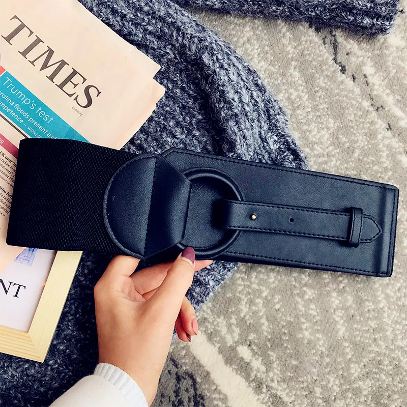 Women autumn winter wide belt brief style faux leather knitted elastic belts designer runway brand female waistband for coat