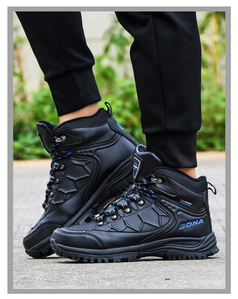BONA New Leather Hiking Shoes Men Autumn Winter Climbing Boots High Top Trekking Hunting Shoe Trainers Black Waterproof Sports
