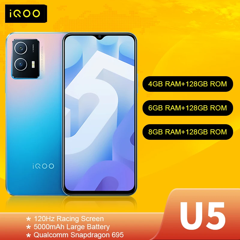 5g cell phones for sale vivo iQOO U5 Smartphone 4GB 128GB Snapdragon 695 5000mAh large battery 120Hz racing screen dual-mode 5G mobile phone new 5g cell phones