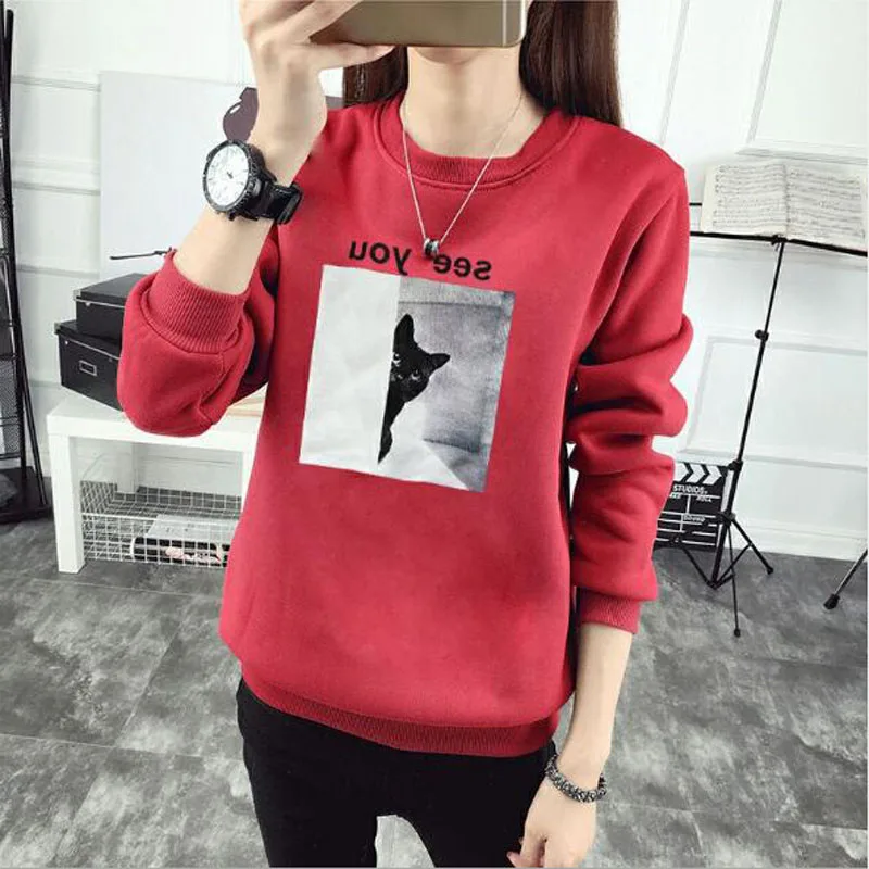 

SEE YOU Cat Print Women Hoodie Spring Autumn Winter Long Sleeve Round Neck Women's Sweatshirt Thick Fleece Women Tracksuit
