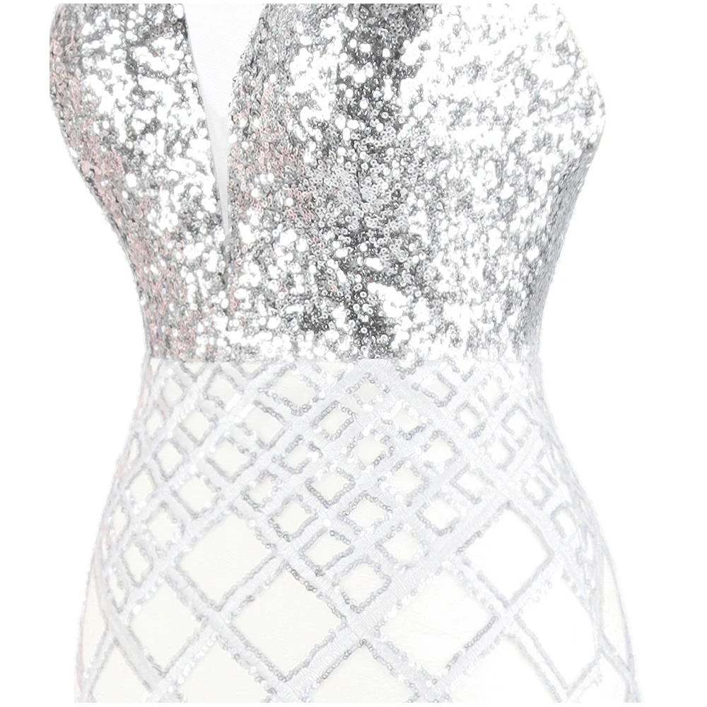 Angel-fashions Холтер шаблон блесток Иллюзия спинки кружева вверх Bodycon длинное платье выпускного вечера Винтаж серебро 470