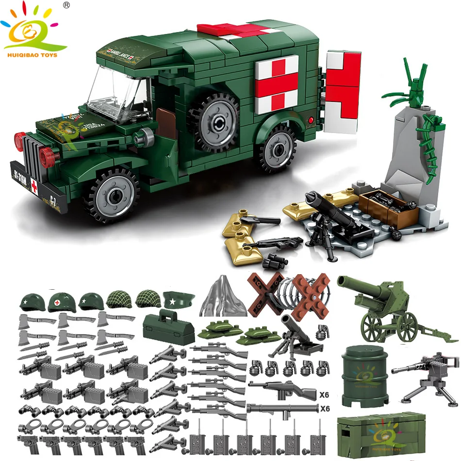 

HUIQIBAO TOYS 742pcs Military US Ambulance Soldier Figure Building Blocks For Children Compatible legoingly WW2 Army Truck brick