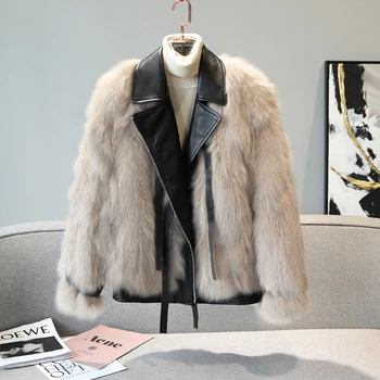 

Faux fox fur coat female leather fur short thin young women motorcycle coat